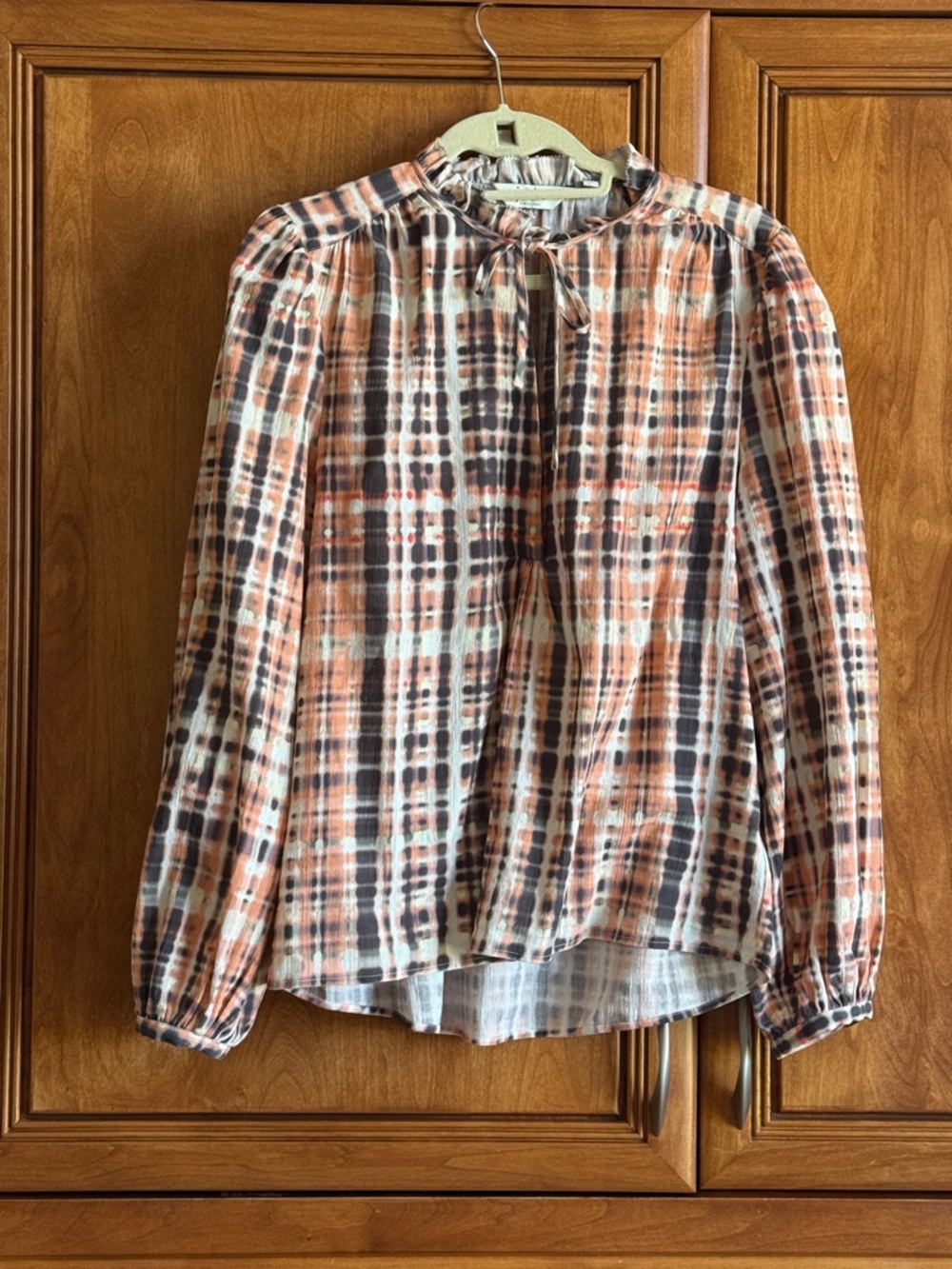 Joie Plaid Tie-Neck Blouse in Rust, Black & Cream